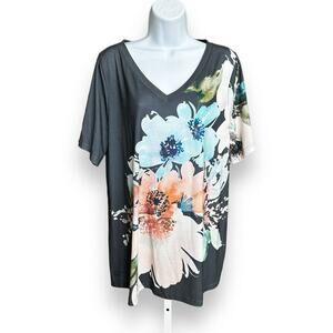 New Bloomchic Multicolor Floral Print Short Sleeve V-Neck T-shirt Gray 14/16 1X